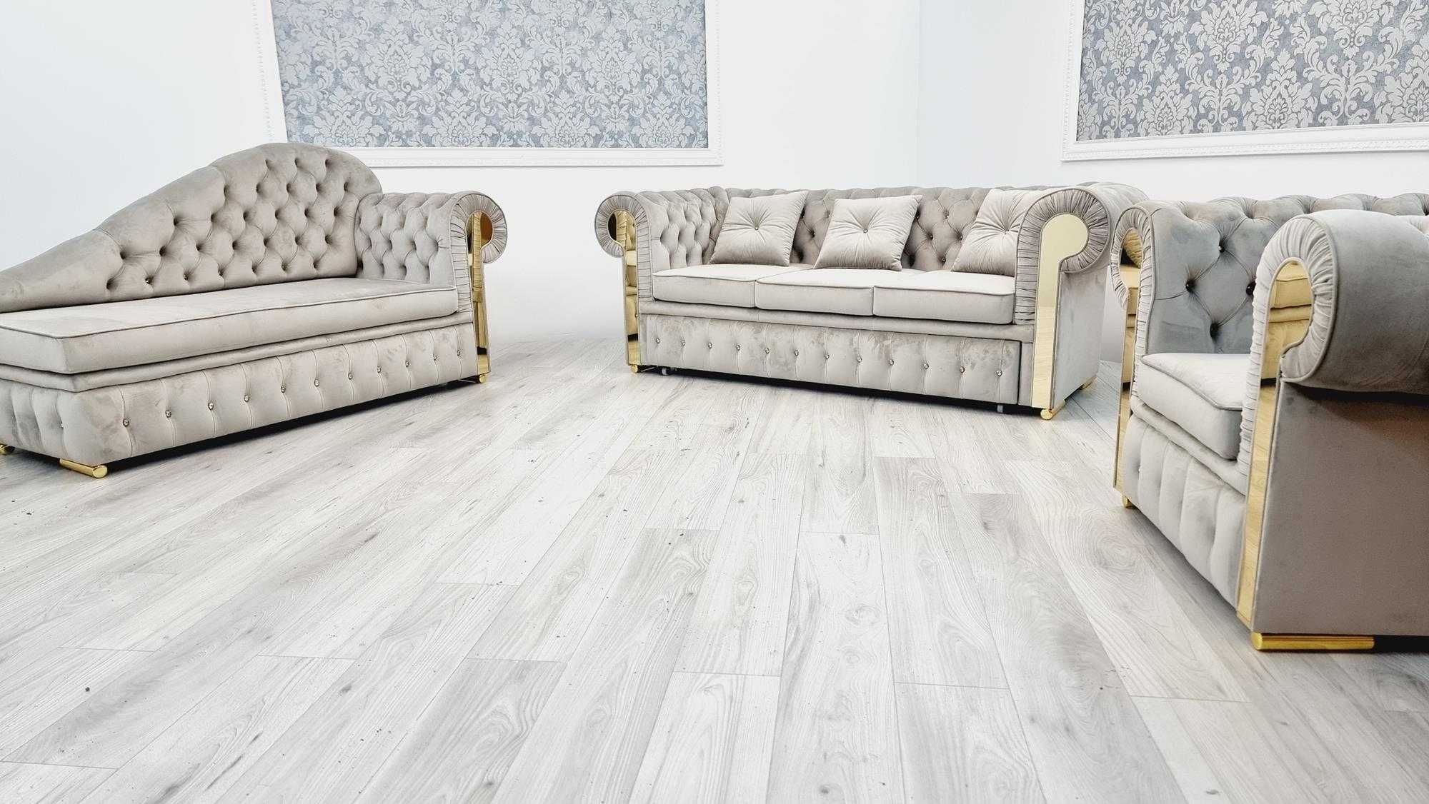 Zestaw pikowany chesterfield GLAMOUR 3os. + Szezlong + fotel PRODUCENT