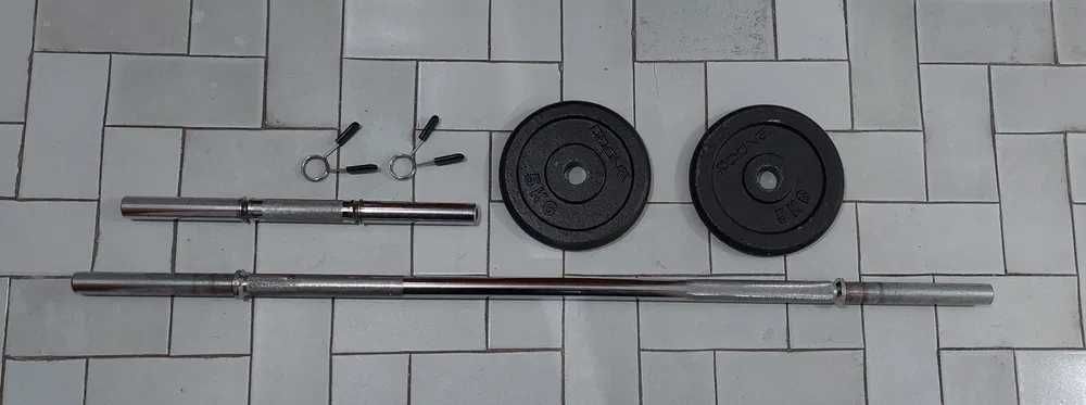 Barra 120cm 30mm 2 discos 5kg e barra harter 45cm 30mm