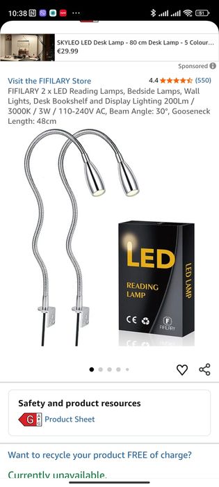 FIFILARY 2× LED лампи для читання (настінні/прикріплювані)