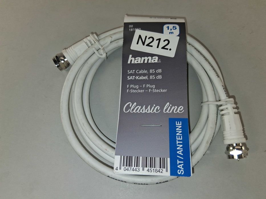 N212 Biały Kabel Sat Antenowy Hama 1,5m F-Plug F-Stecker 85dB