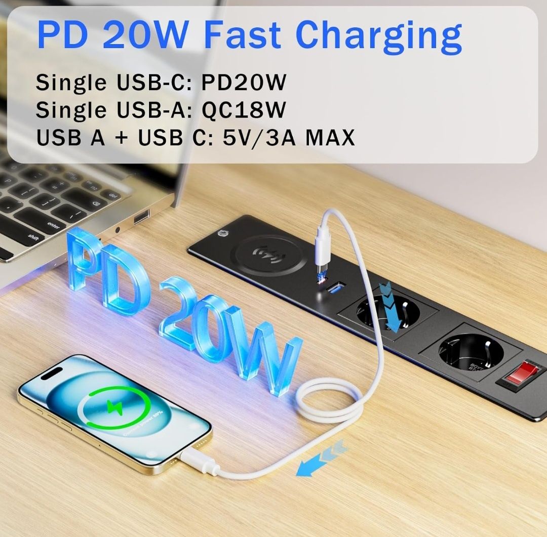 Gniazdko stołowe z USB C PD20 W formie zabudowy