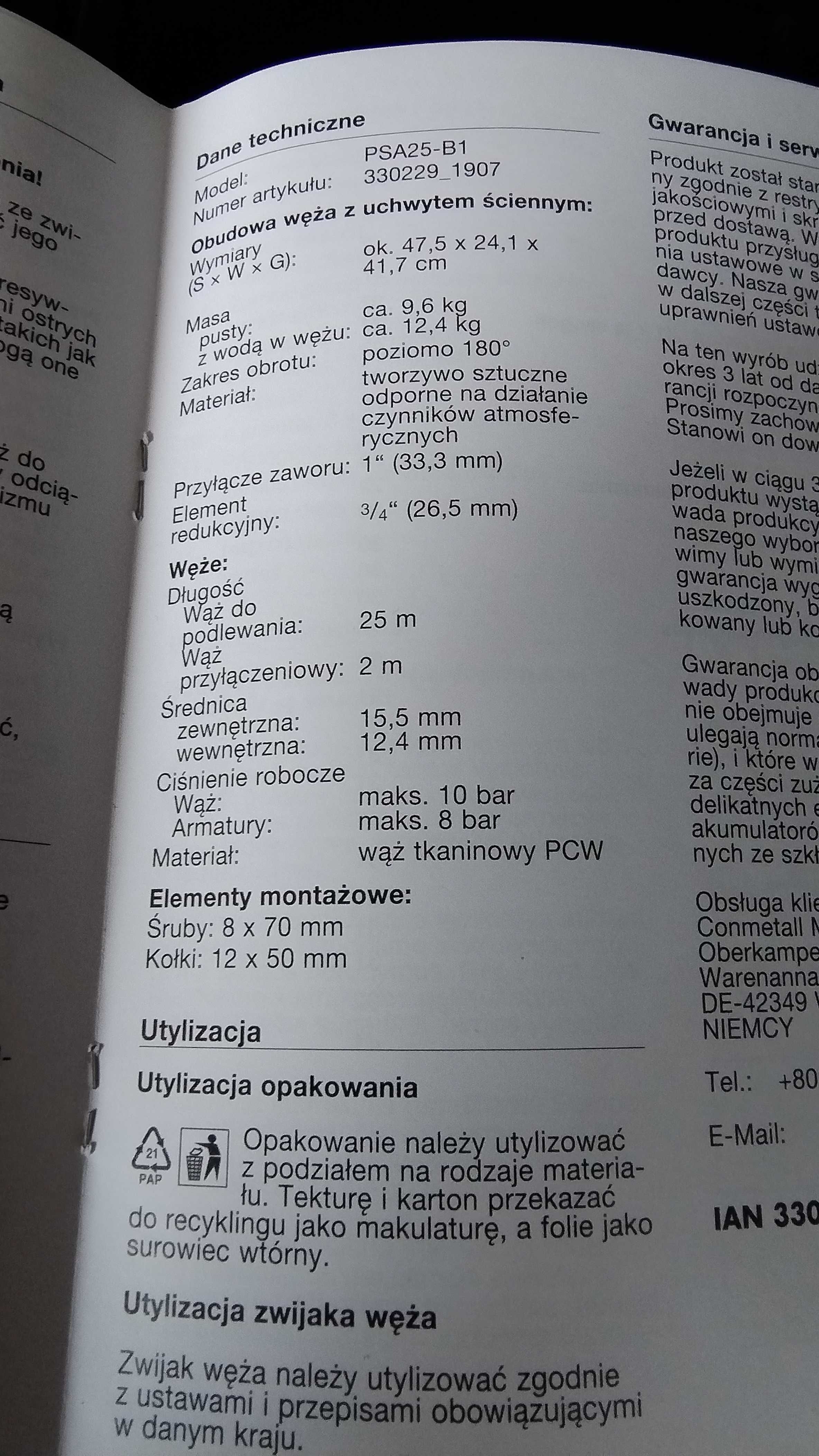Bęben z wężem 25m PARKSIDE PSA25-B1 1/2" automatyczny zwijacz blokada
