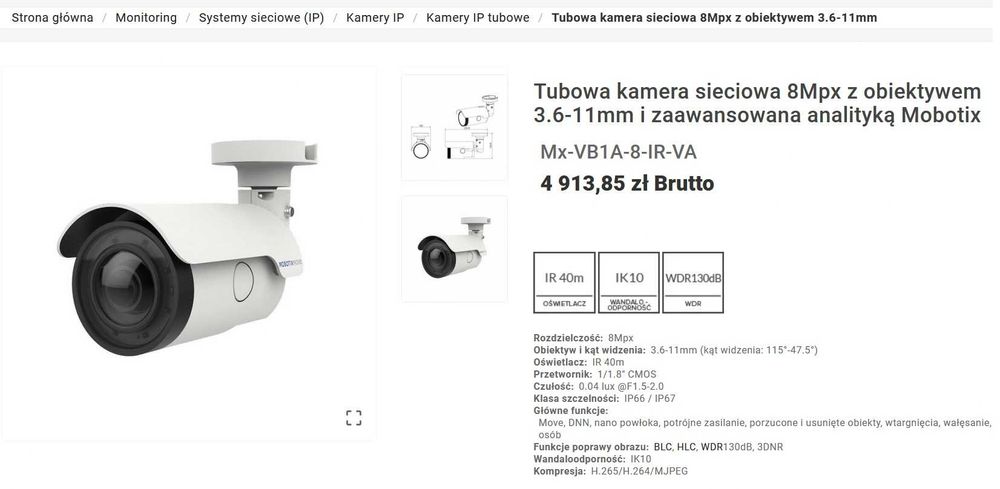 Kamera monitoringu IP 8Mpx CMOS 3.6-11mm Mobotix Mx-VB1A-8-IR-VA NOWA