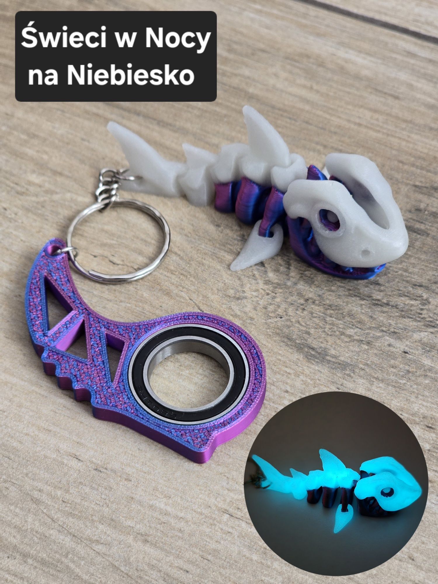 Breloczek Skieleton Shark + KeySpinner - Brelok Druk3d fidget Keychain