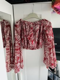 Bluzka crop top długi rękaw xs s liście Hiszpanka lato elegancka