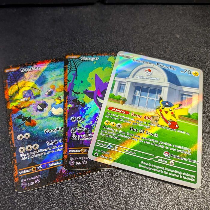 Zestaw 3 kart holo fanmade: Pikachu + Halloween Snorlax & Gengar