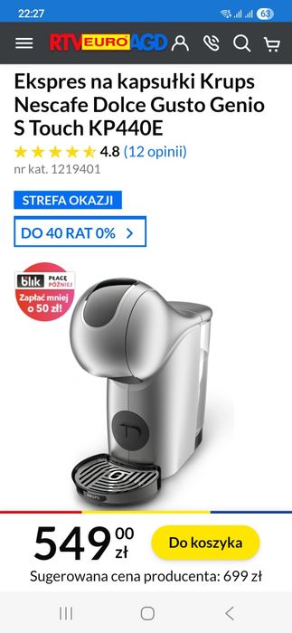 Ekspres na kapsułki Krups Nescafe Dolce Gusto Genio S Touch KP440E