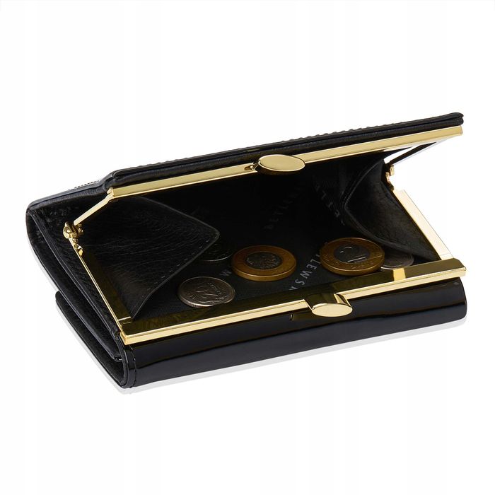 BETLEWSKI Portfel Damski Skórzany Czarny Lakierowany Mały Błyszczący