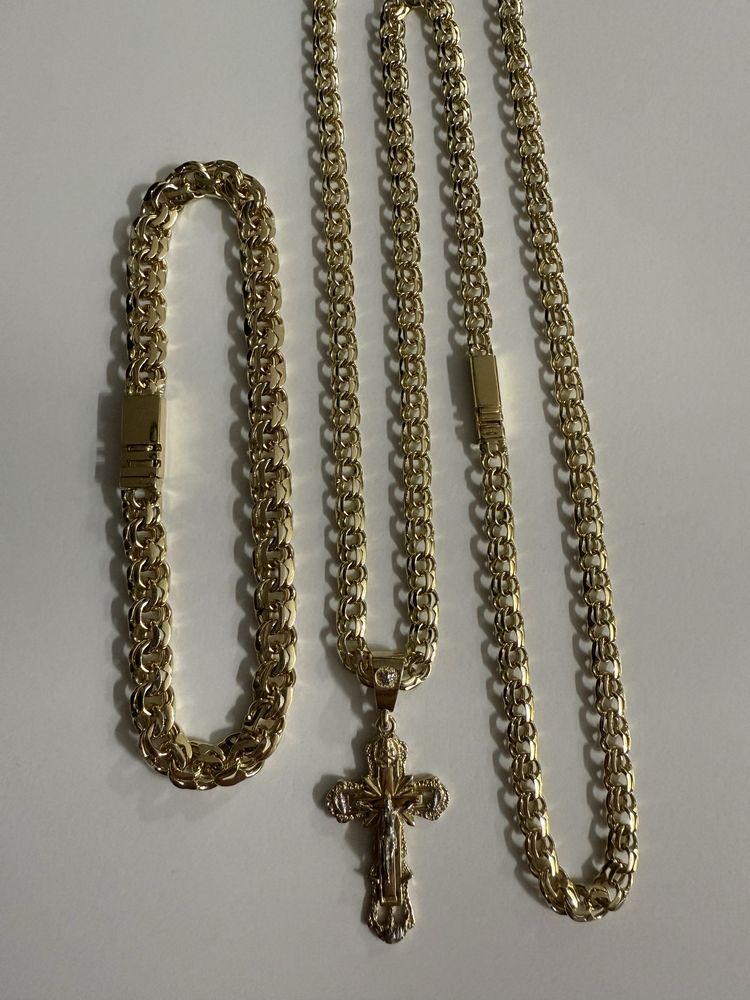 Nowy Złoty zestaw Garibaldi Bransoletka, krzyż, Łańcuszek Pr. 585