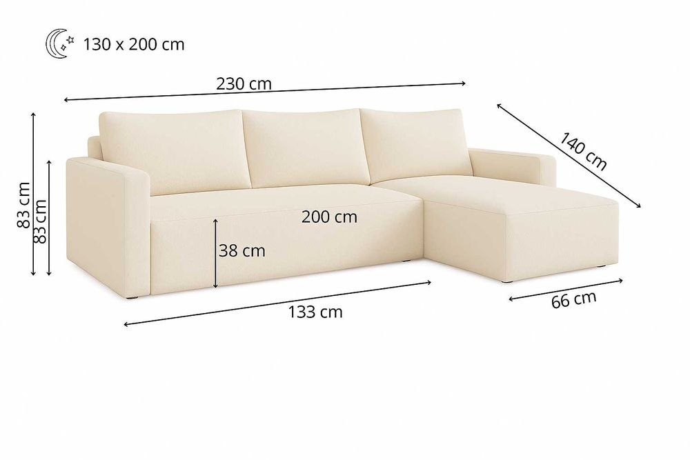 Narożnik NOYO 230cm z funkcją spania pojemnik na pościel boucle