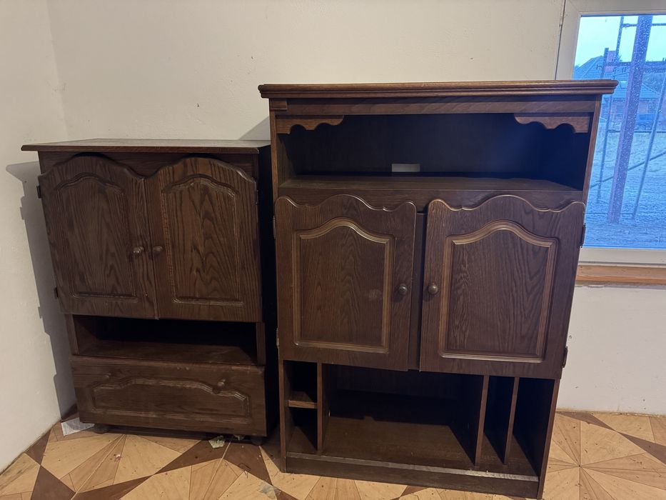 2× drewniana komoda retro lite drewno, styl PRL vintage, komplet 2 szt