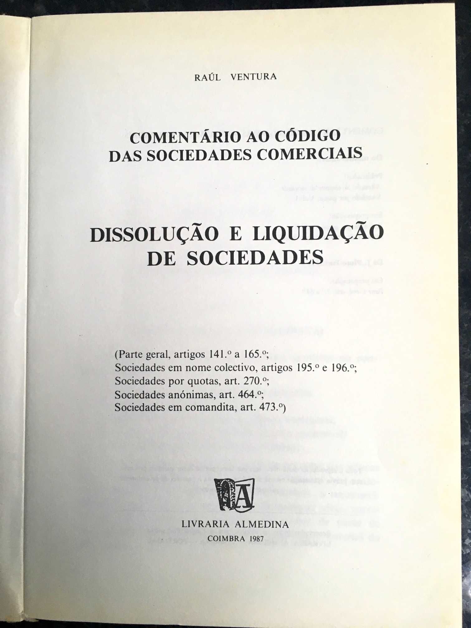 Livro Dissolução e Liquidação de Sociedades - Raúl Ventura - Almedina