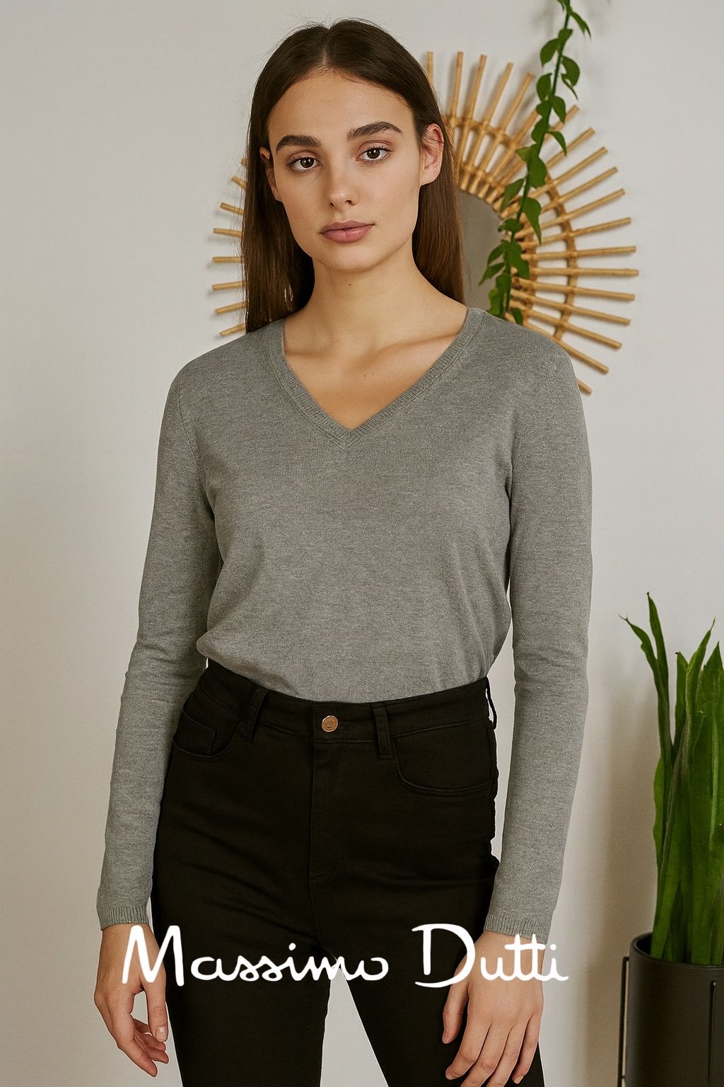 Massimo Dutti sweter M szary jedwab kaszmir bawełna dekolt V klasyczny