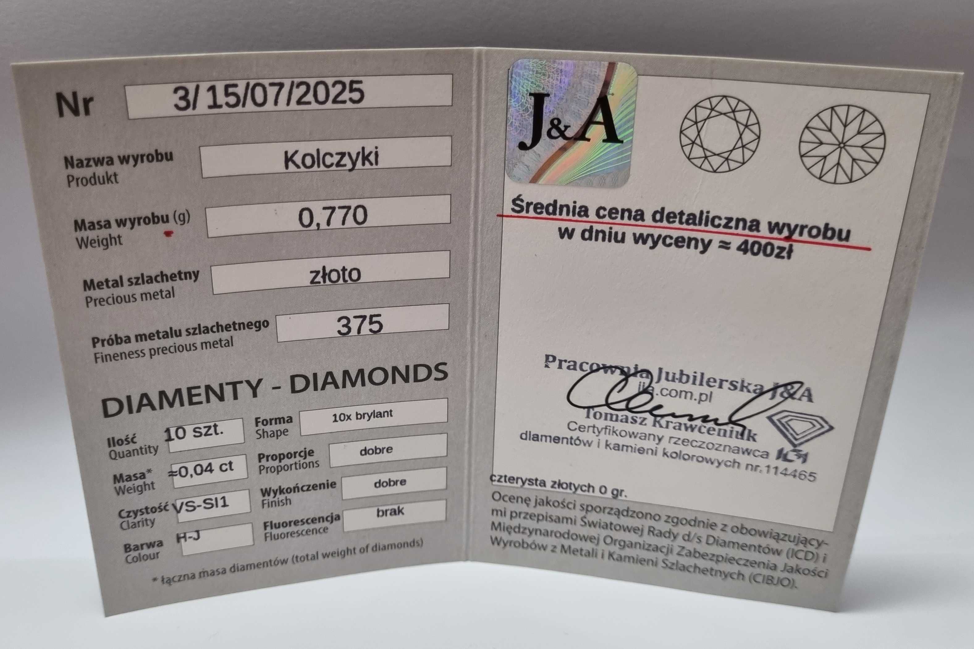 śliczne złote kolczyki 585 0,78G Z BRYLANTAMI BIAŁE ZŁOTO HIT