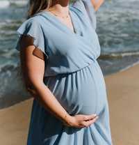 Sukienka maxi szyfonowa z falbankami błękit sesja ciążowa niebieska