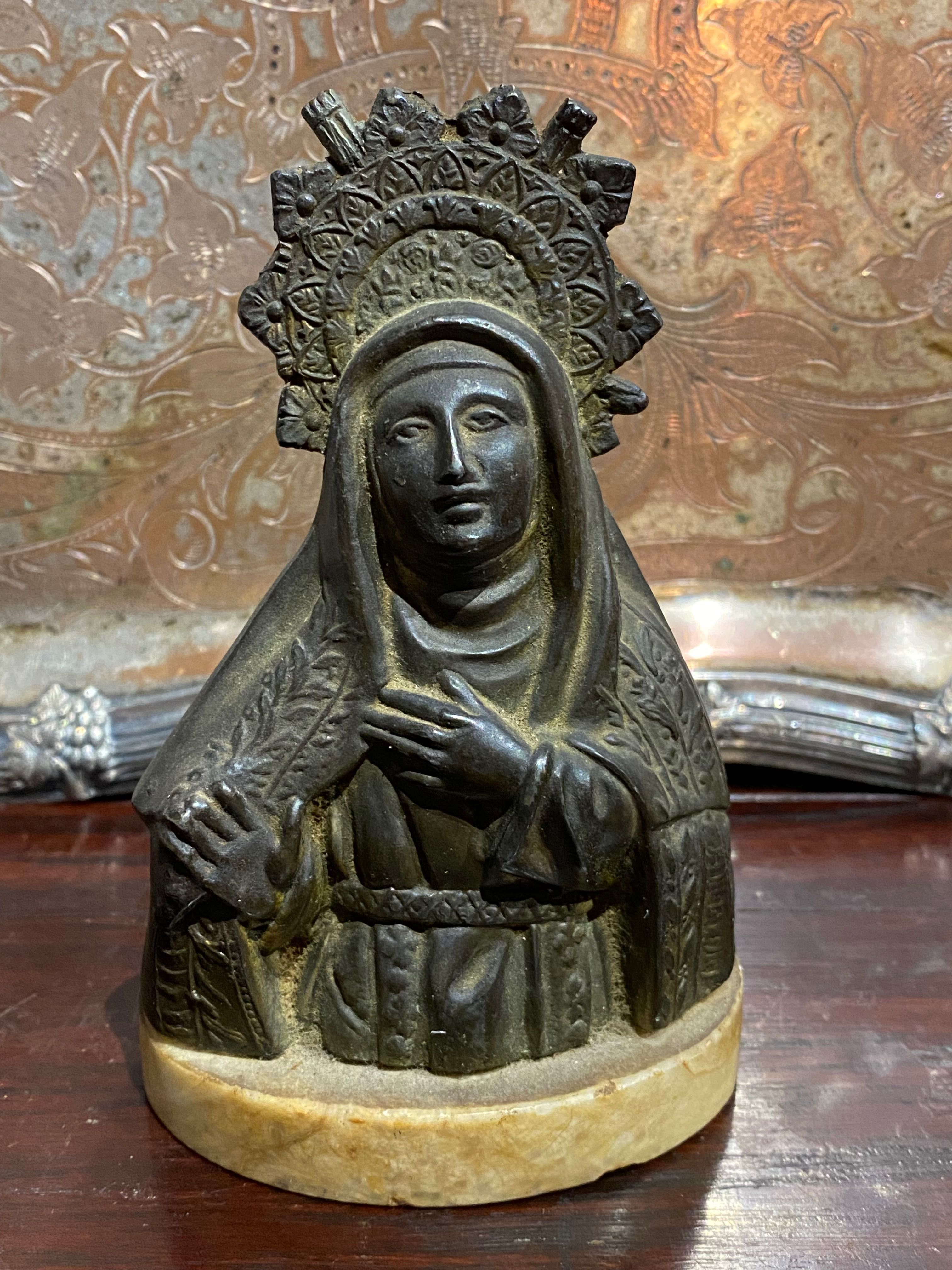 Escultura Nossa Senhora Santa Séc XIX Bronze Itália 13 cm