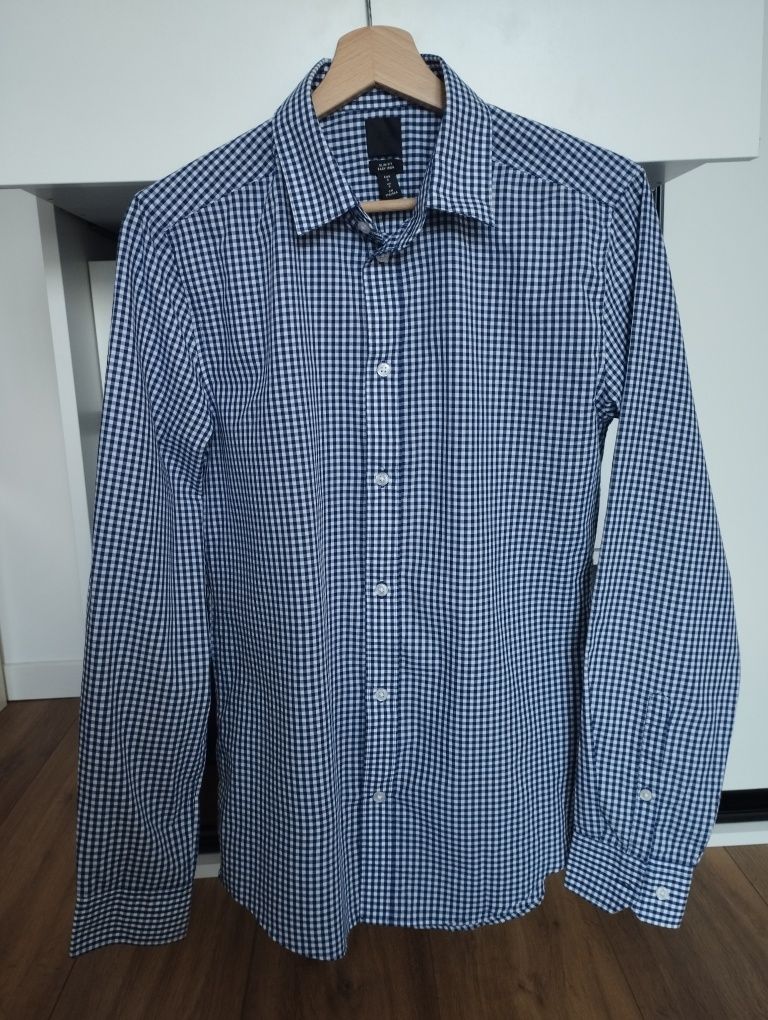 Męska koszula w drobną kratkę slim fit, HM H&M rozm S. Granatowa, Easy