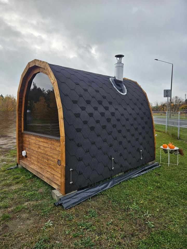 Sauna ogrodowa z piecem opalanym drewnem piękna panorama