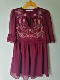 Sukienka Zara bordowa/burgundowa z haftem świąteczna