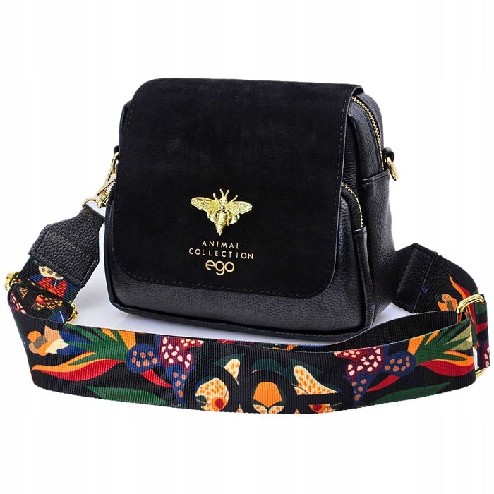 EGO Torebka Damska Listonoszka Na Ramię Czarna Zamsz Pszczółka 2 Paski