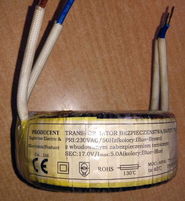 Transformator toroidalny 230V/80W-17V/5A.