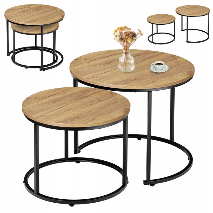 NOWY Zestaw Stolików 2w1 Okrągły Stolik KAWOWY Rozkładany LOFT Craft