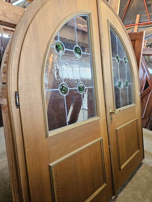 DRZWI Wewnętrzne Łukowe Dębowe Drewniane Dwuskrzydłowe 199x222 Witraż