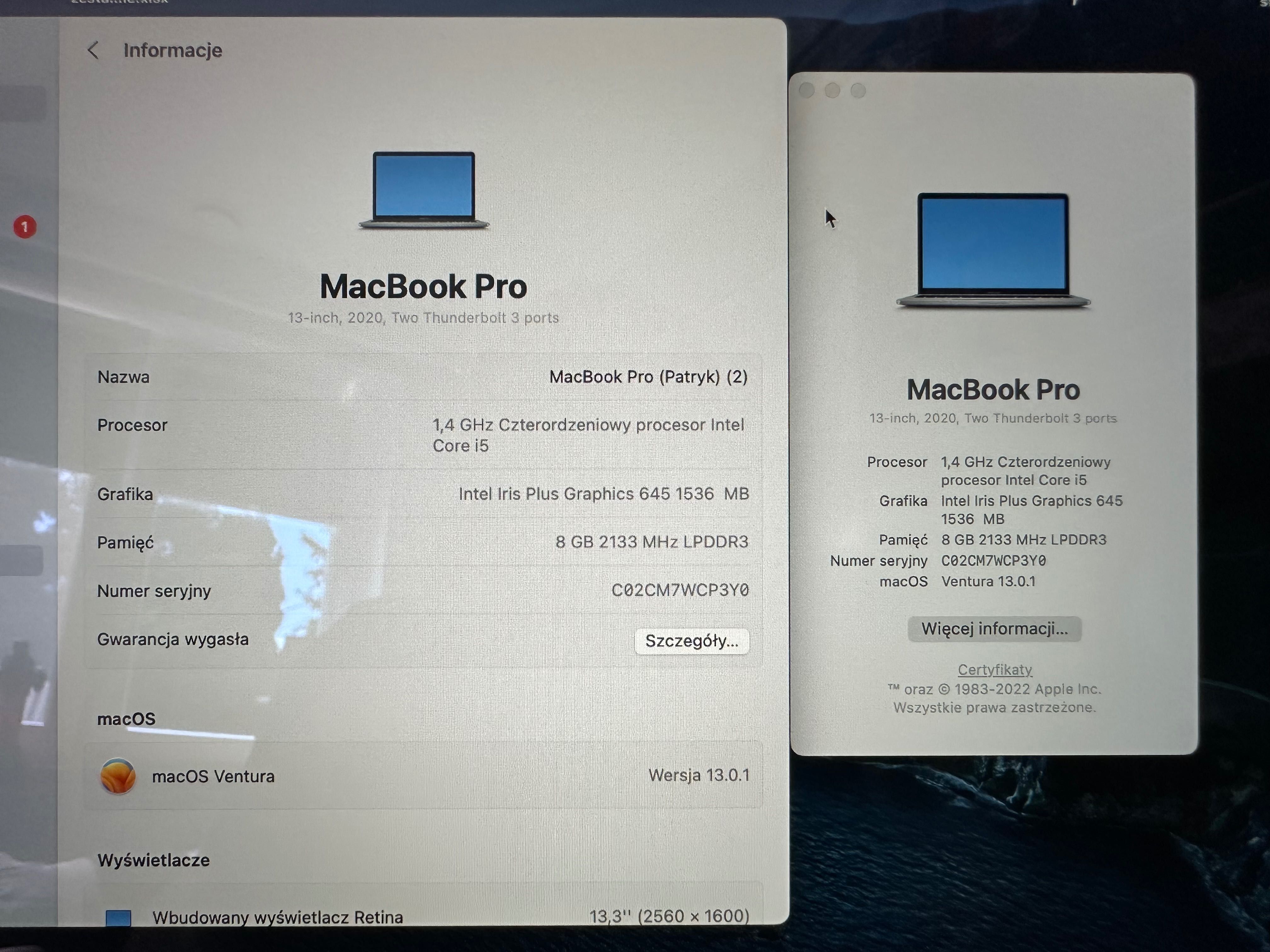 MacBook Pro 2020, 13 cali, Intel i5 1.4GHz, 8GB RAM, 512GB SSD, A2289