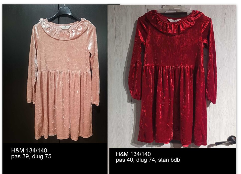 134/140 sukienka welurowa z kołnierzykiem H&M 2 szt czerwona i różowa