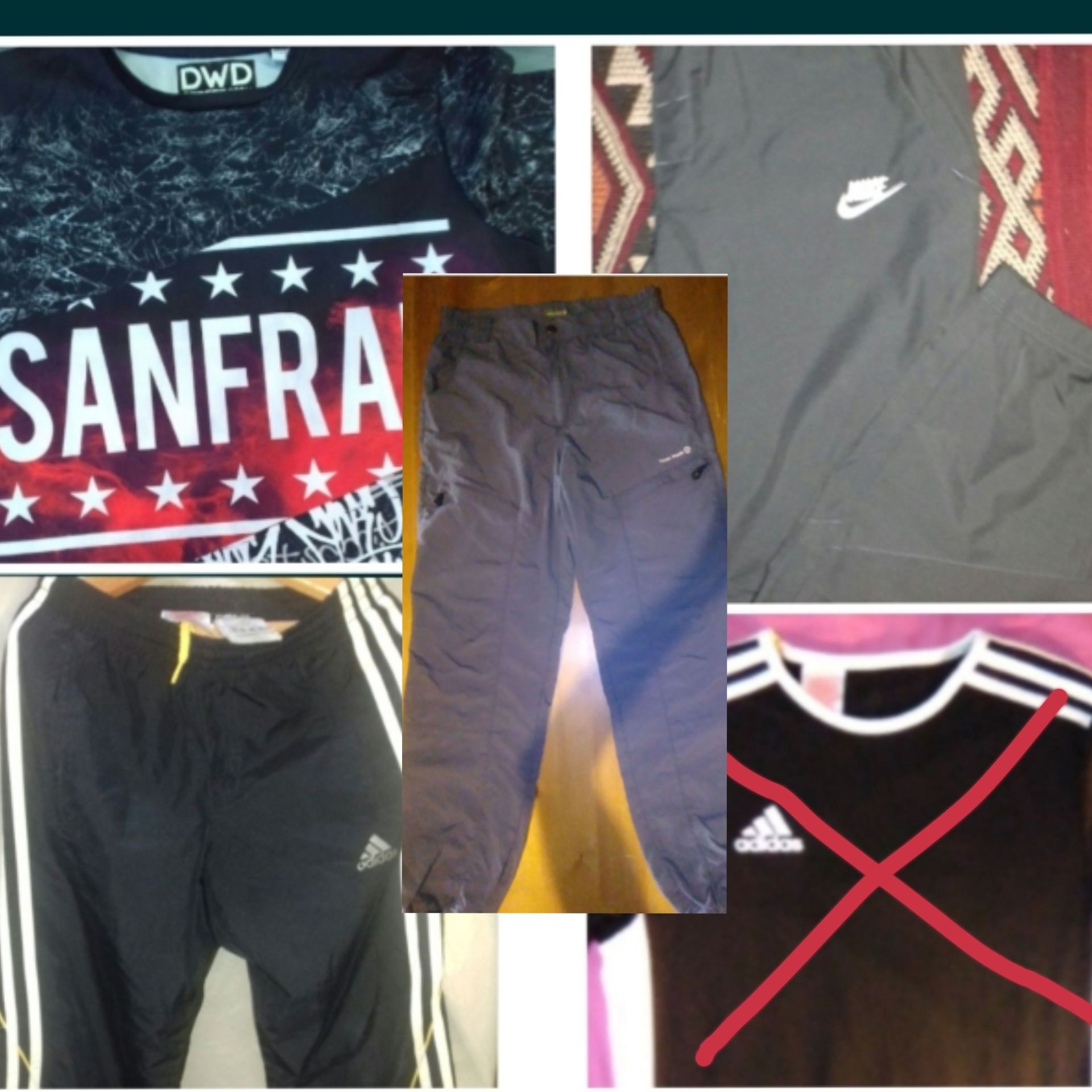 Calças desportiva NIKE (12) e ADIDAS (6), T-shirt DWD street e Adidas.