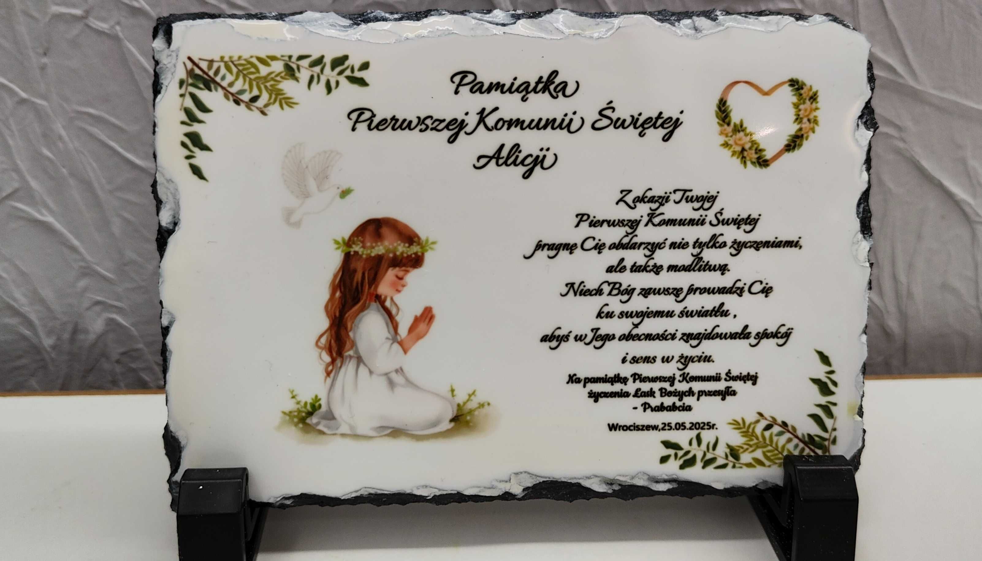 Ramka kamienna pamiątka Komunia Święta dowolny tekst granit kamień14x9