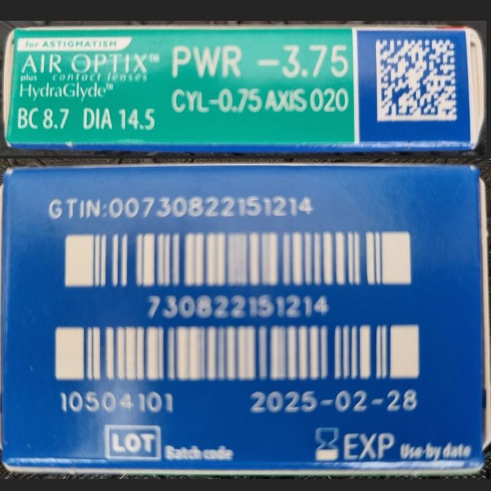 Soczewki Biofinity, MonoVision, Alcon, Acuvue -3,75/-0,75/020