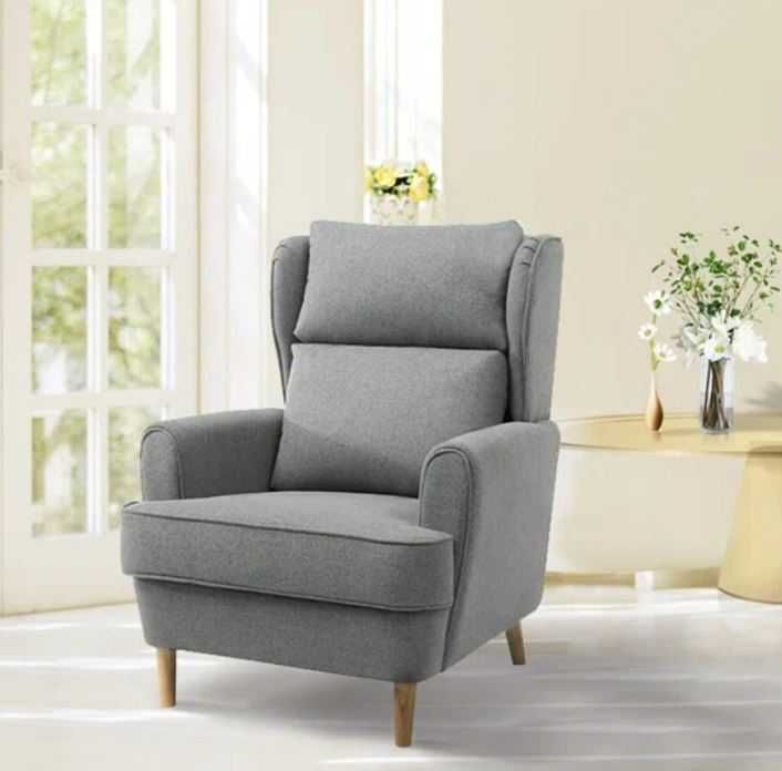 Fotel wypoczynkowy szary tapicerowany uszak do salonu z poduszkami