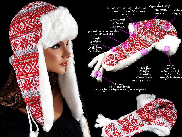 Czapka Uszatka Czerwona ze skandynawskim Wzorem:)