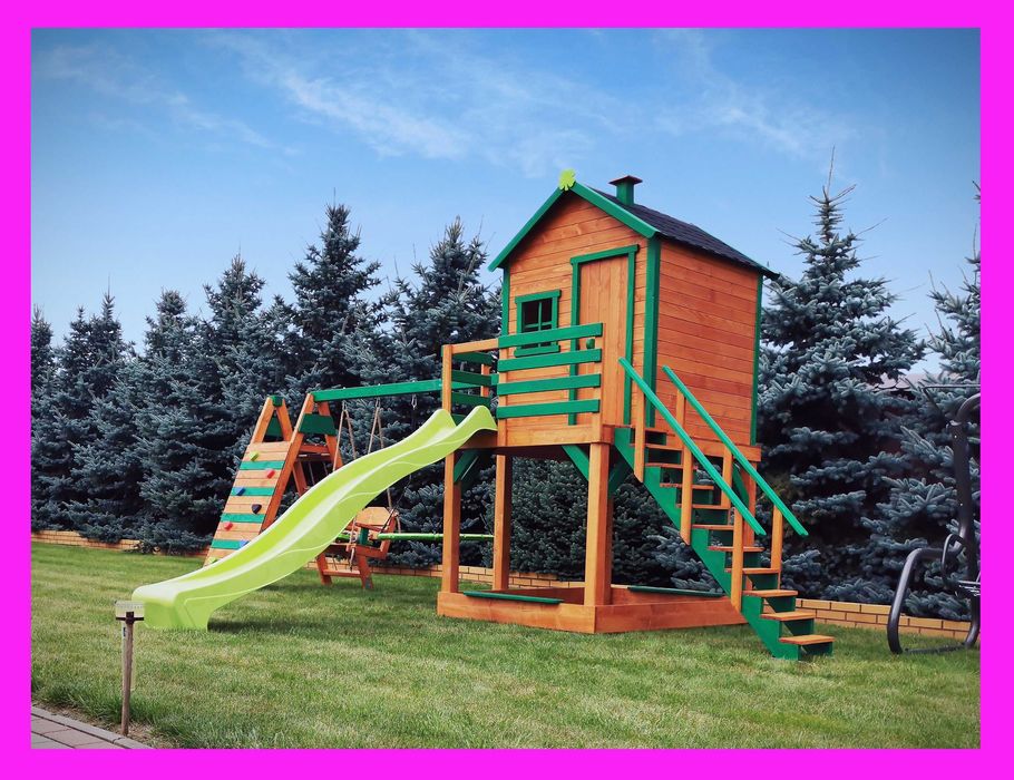 Plac zabaw "prosty" domek dla dzieci. Rozm. L. Huśtawki, wspinaczka