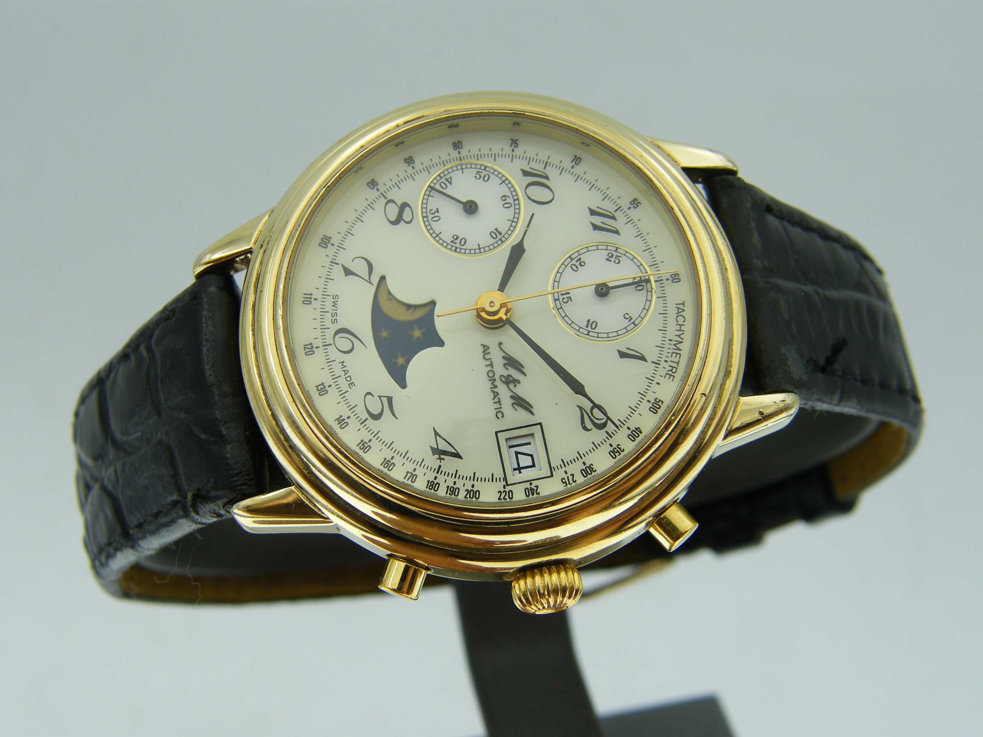 M & M Automatic Chronograph z Fazami Księżyca Cal.Valjoux 7758 Złocony