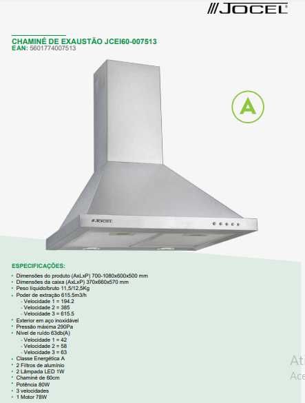 Chaminé de Exaustão 60cm Jocel 591,5m3/h