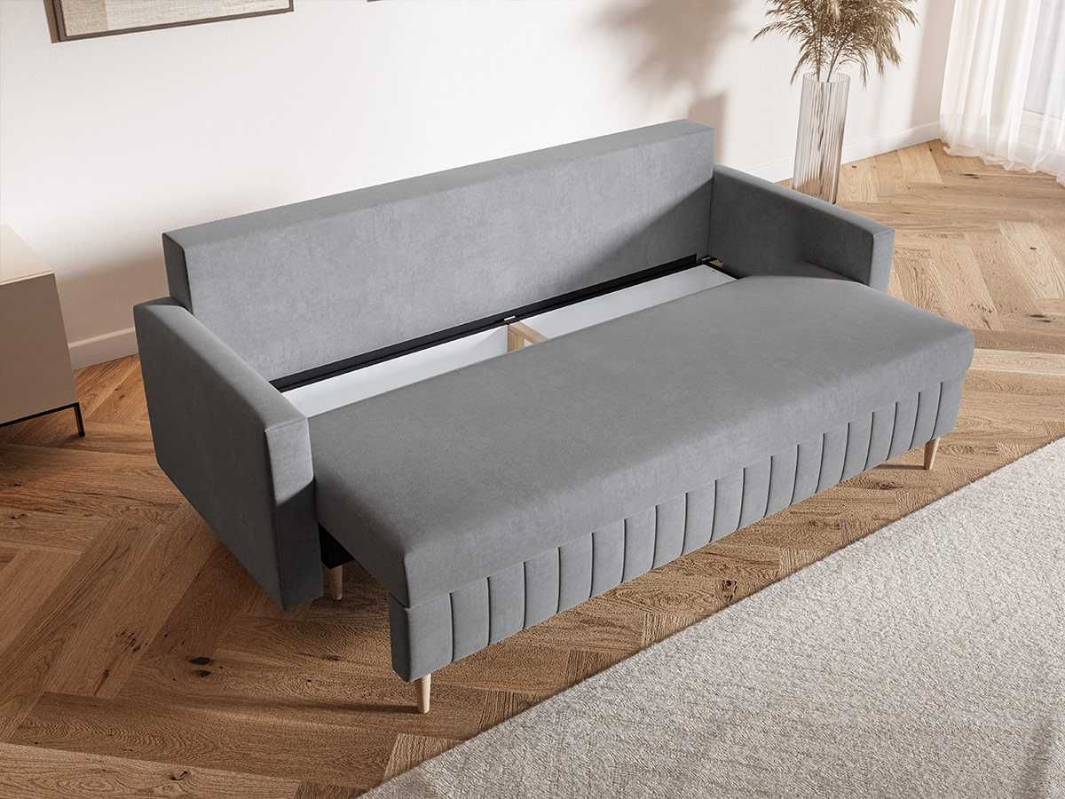 Sofa skandynawska 215 cm na drewnianych nóżkach z pojemnikiem Scandi