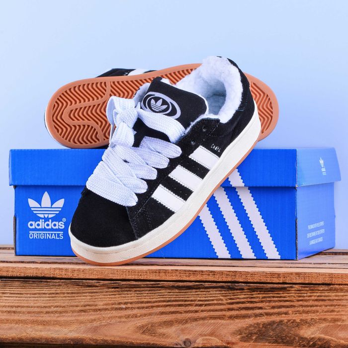 (2130) Зимові з хутром Adidas Campus Кросівки чорні (37-41)