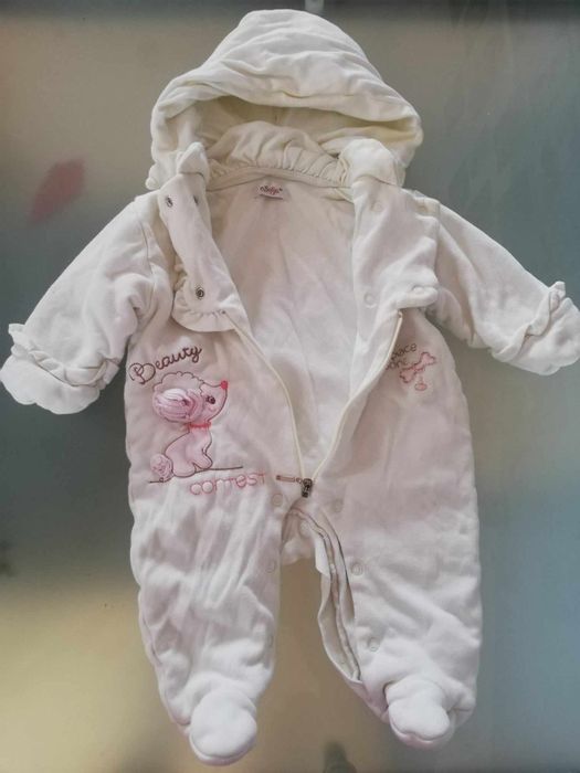 Materiałowy ciepły pajacyk na jesień r. 62/68