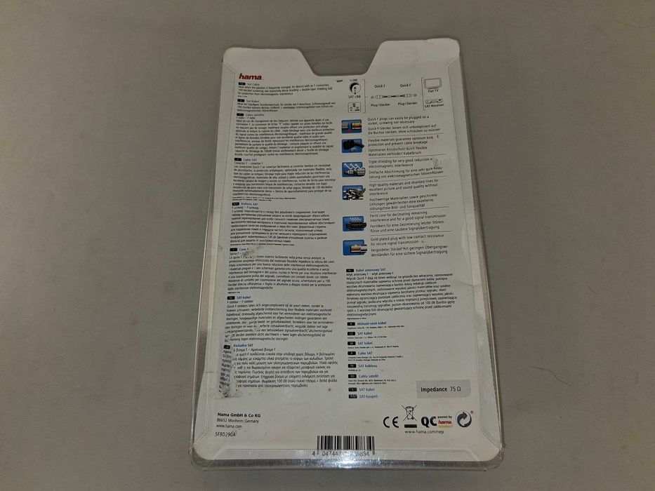 N054 Kabel Antenowy SAT Hama 1,5m Quick-F Wtyk F 100dB TV HD Nowy
