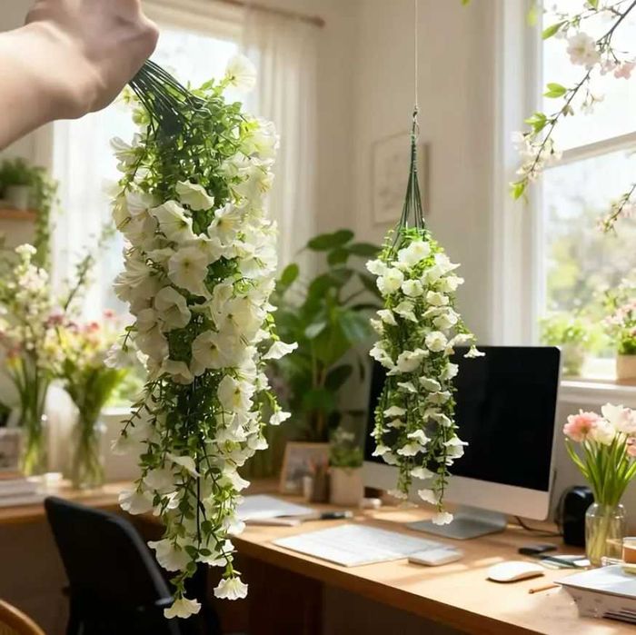 2 SZT 75cm Sztuczne Kwiaty Girlanda Bluszcz Wiszące PETUNIA BIAŁE h213