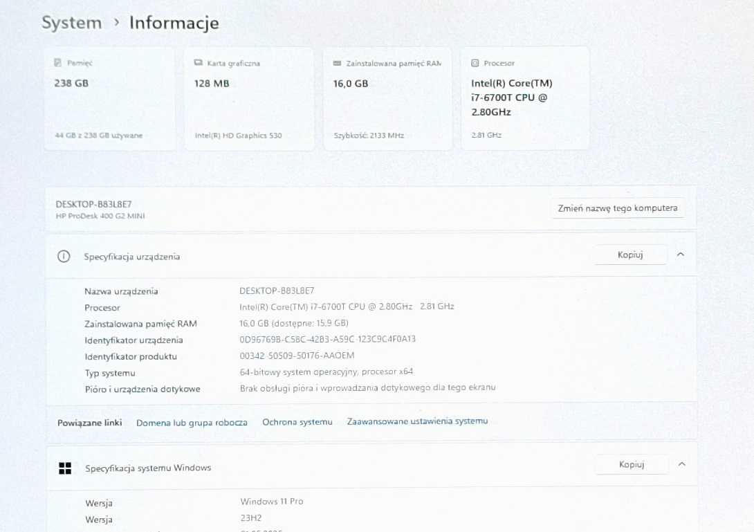 HP Desktop Mini i7-6700t WiFi RAM-16 SSD-256 m.2 + SATA