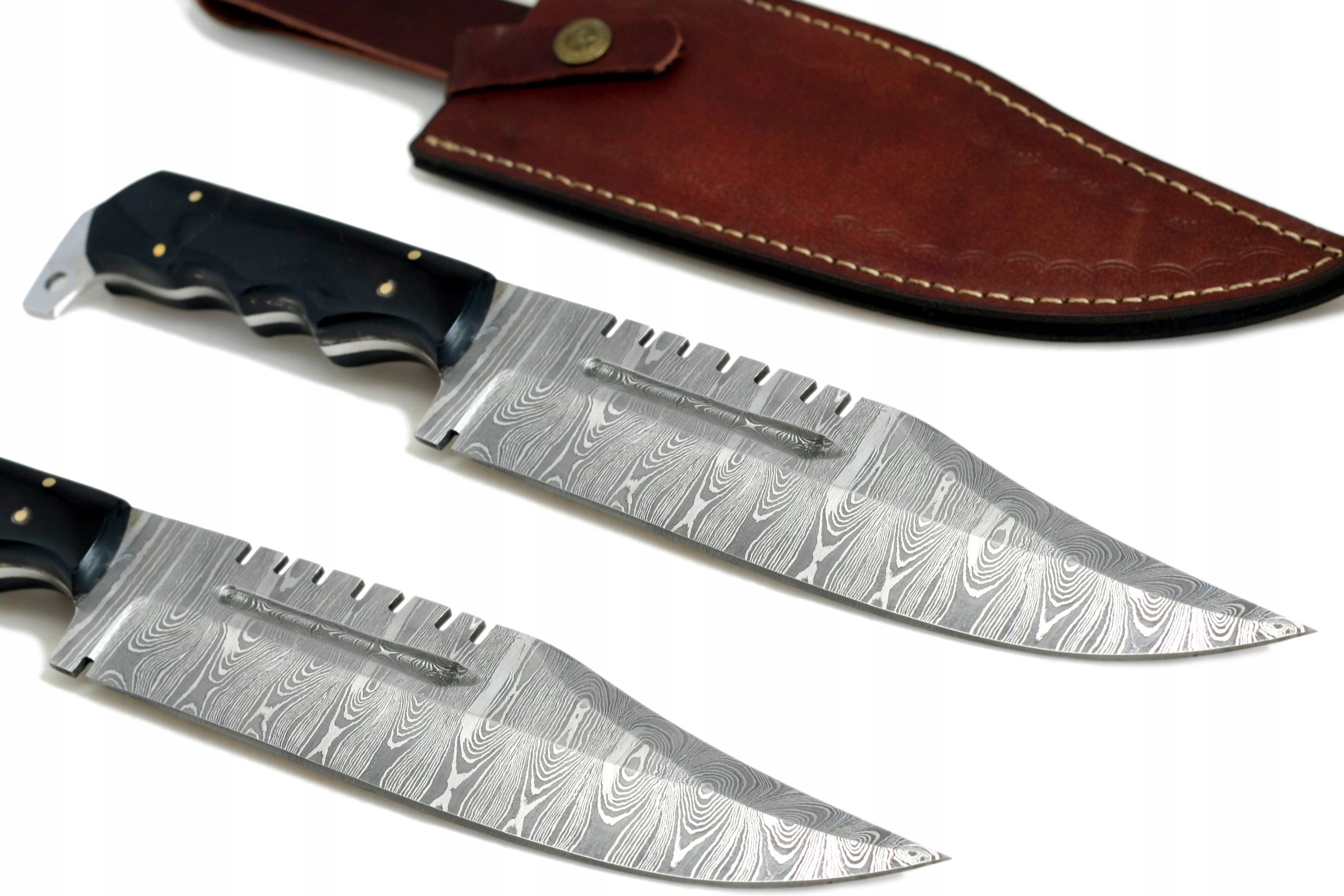 Nóż ręcznie wykonany Bowie survival stal damasceńska skórzane etui 758