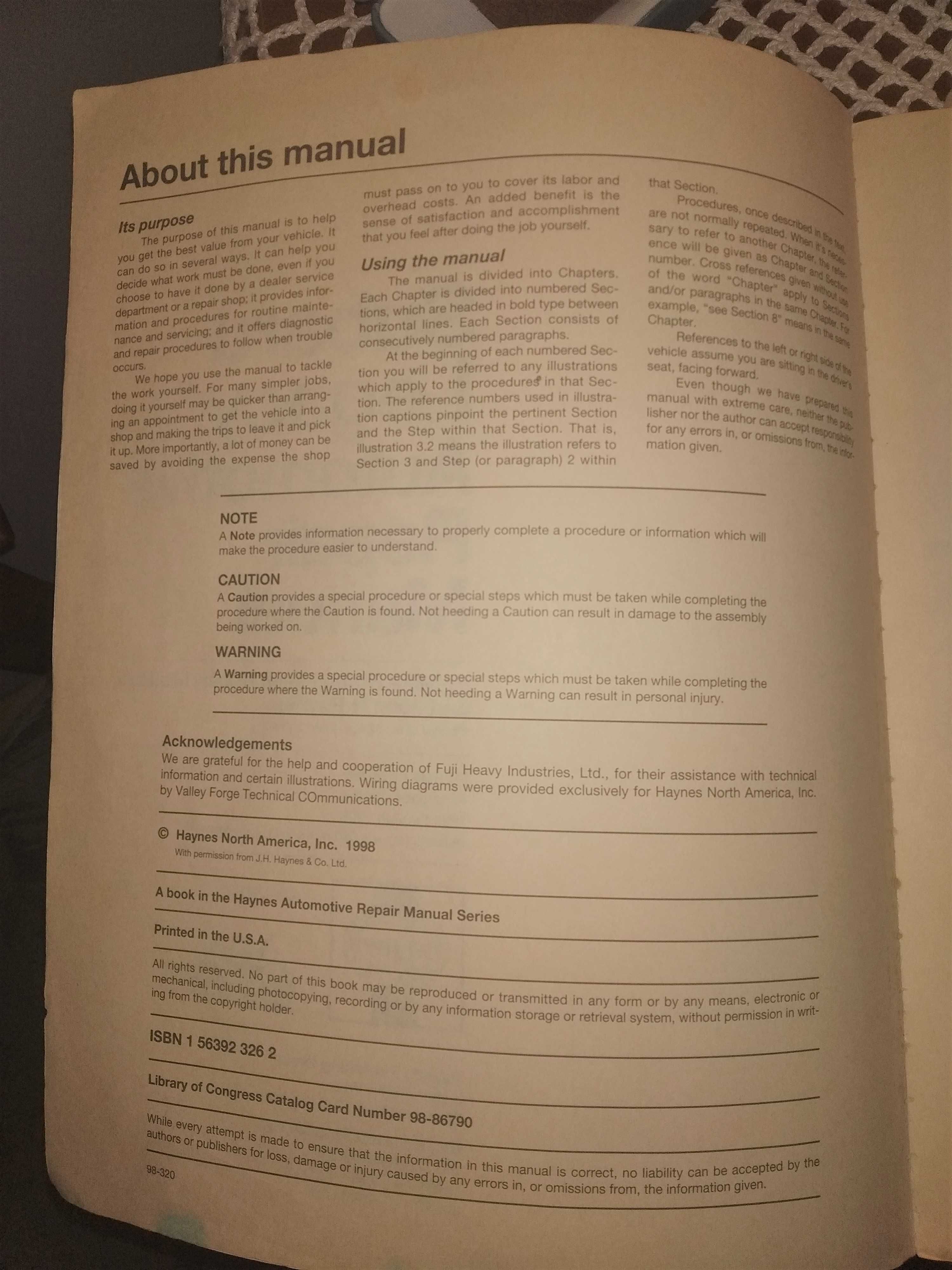Subaru Legacy 1990 thru 1998 Haynes repair manual
