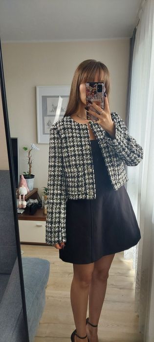 Krótki żakiet marynarka narzutka crop H&M 34 XS pepitka ozdobne guziki