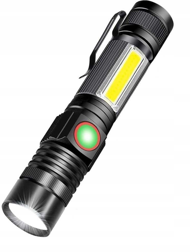 Latarka KARRONG 2X LED zoom COB ładowana USB 18650 magnes klips