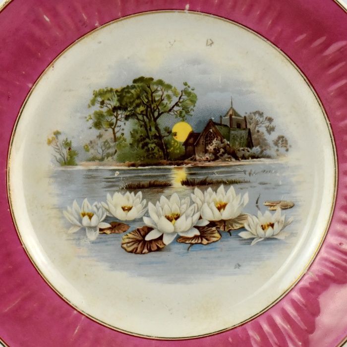 Raro Prato Faiança Sacavém, (1894 a 1909), paisagem, lago e nenúfares