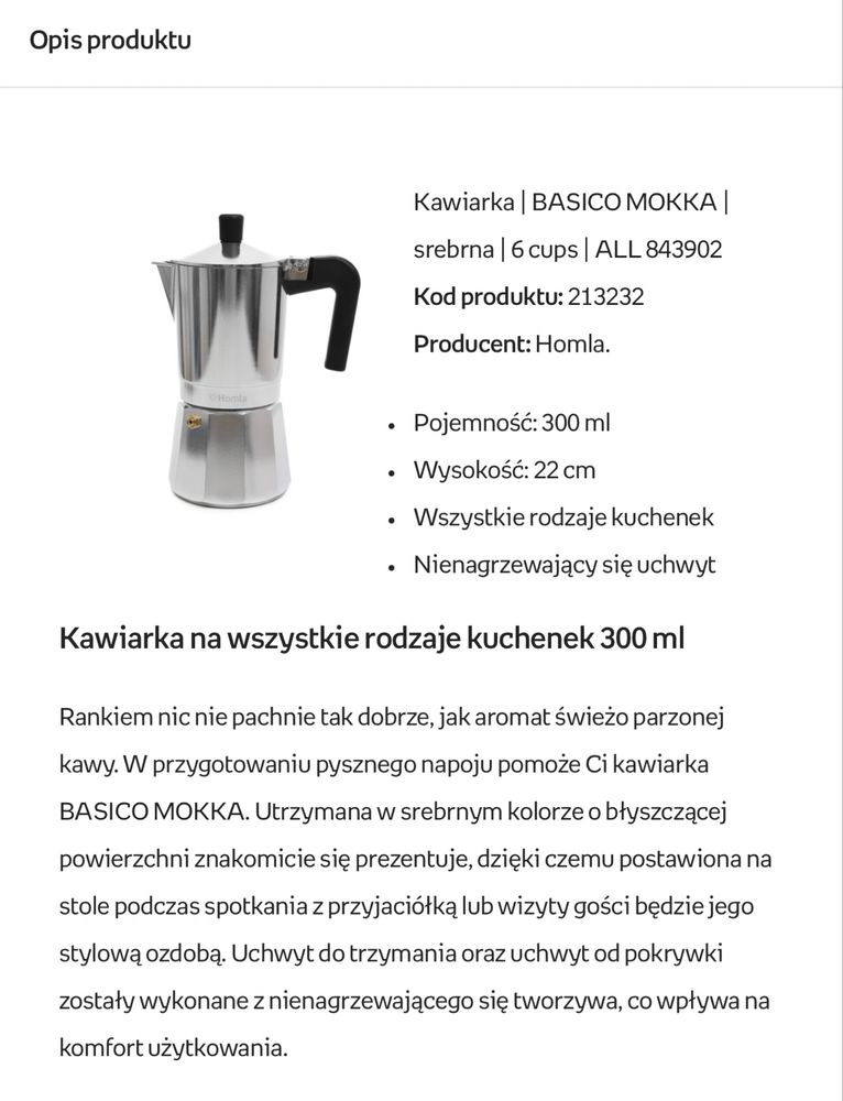 Homla kawiarka zaparzacz basiko mokka 6 cup