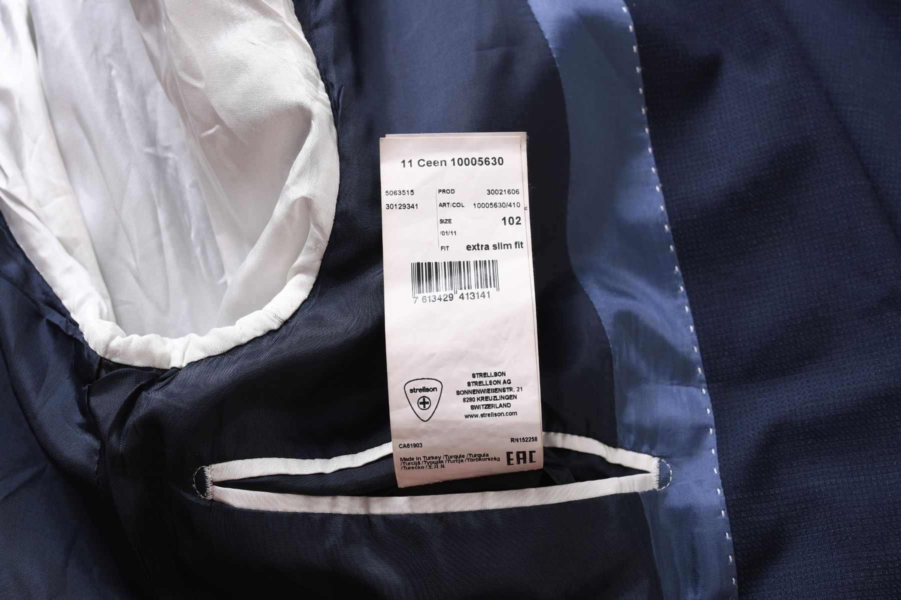 STRELLSON EXTRA SLIM FIT granatowy garnitur męski w krateczkę wełna 52